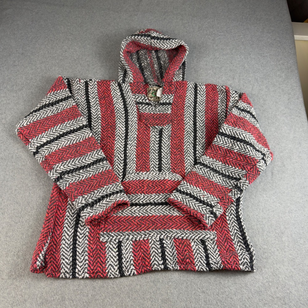 Y2K Baja Joe Mens Mexican Hoodie Striped Drug Rug Red Black White Size M